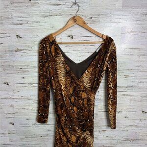 Mango Brown Black Sequin Bodycon Dress Long Sleeve V-Neck size xs
